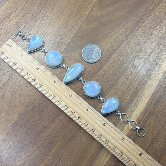 Rainbow Moonstone Extra Chunky Bracelet Pear Round Sterling Silver 925 Overlay - Picture 11 of 11